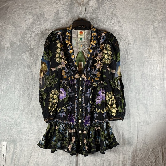 Farm Rio Womens Dress WInter Garden Mini Long Sleeves Black XS Dragon Fly Floral - Picture 2 of 11